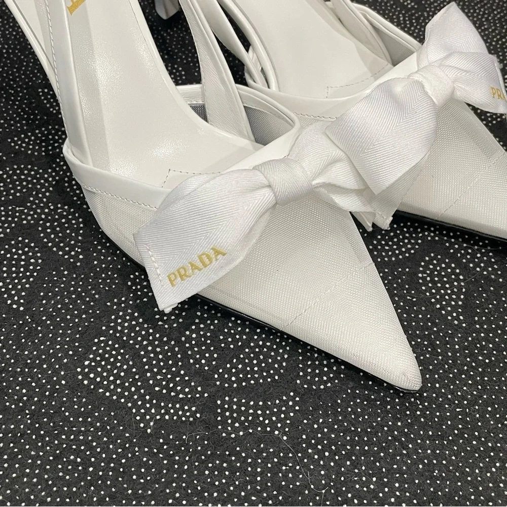 Prada White Bow Pointed Slingback Heels